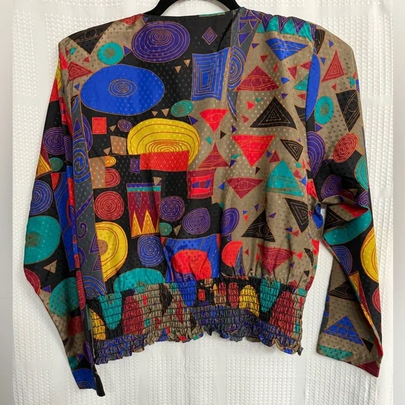 Vintage 80s Susan Freis MultiColor Geometric 2 Piece Blouse and Skirt Set - Picture 6 of 8
